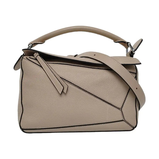 LOEWE Puzzle Small Khaki Calfskin Embossed Geometric Bag, Crossbody, Shoulder Bag, and Tote with Silver Hardware Removable Strap-(SKU)-963859842