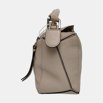 LOEWE Puzzle Small Khaki Calfskin Embossed Geometric Bag, Crossbody, Shoulder Bag, and Tote with Silver Hardware Removable Strap-(SKU)-963859842