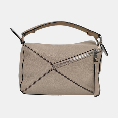 LOEWE Puzzle Small Khaki Calfskin Embossed Geometric Bag, Crossbody, Shoulder Bag, and Tote with Silver Hardware Removable Strap-(SKU)-963859842