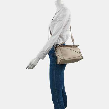 LOEWE Puzzle Small Khaki Calfskin Embossed Geometric Bag, Crossbody, Shoulder Bag, and Tote with Silver Hardware Removable Strap-(SKU)-963859842