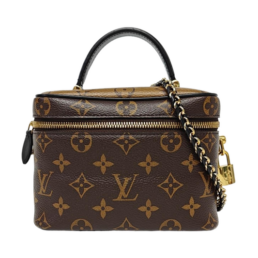 LOUIS VUITTON VANITY CHAIN POUCH Small Brown Coated Canvas Monogram Vernis Cosmetic Bag Shoulder Bag Crossbody Bag Handbag Gold Hardware Removable Shoulder Strap-(SKU)-963850475