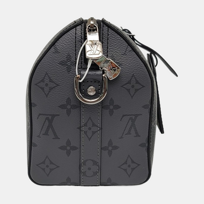 LOUIS VUITTON KEEPALL Black Coated Canvas Monogram Black Samurai Single Shoulder Bag Crossbody Bag with Silver Hardware and Removable Strap-(SKU)-964122055