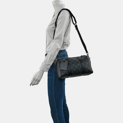 LOUIS VUITTON KEEPALL Black Coated Canvas Monogram Black Samurai Single Shoulder Bag Crossbody Bag with Silver Hardware and Removable Strap-(SKU)-964122055