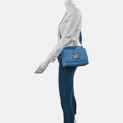 LOUIS VUITTON TWIST Medium Size Blue EPI Leather Water Ripple Shoulder Bag Tote Bag Crossbody Bag Silver Hardware 2 Removable Straps-(SKU)-964122868