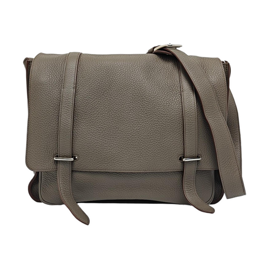 HERMÈS Steve Charcoal Grey Clemence Leather Shoulder Bag Crossbody with Silver Hardware, 🄿-(SKU)-963416776