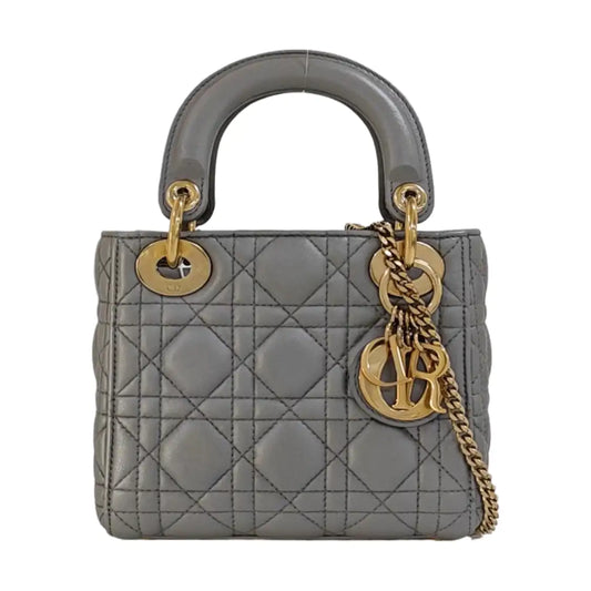 DIOR Lady Dior Mini Gray Lamb Leather Quilted Grained Three Compartment Shoulder Bag Crossbody Bag Tote Bag Light Gold Hardware Removable Strap-(SKU)-964027731
