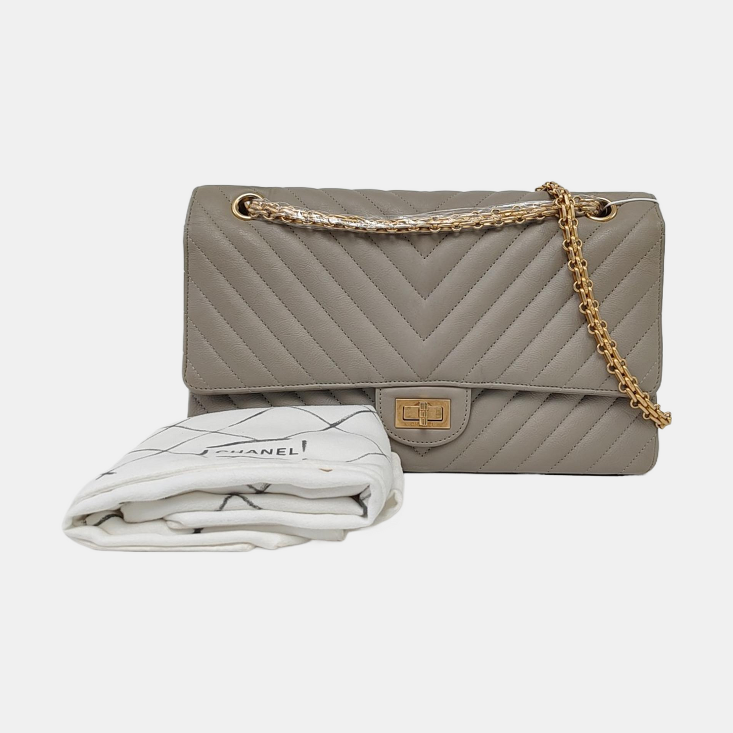 CHANEL 2.55 Grey Caviar Leather V-Shape Shoulder Bag with Gold Hardware, 27 Clasps-(SKU)-964136214