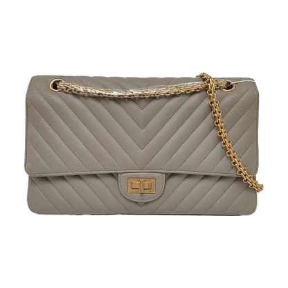 CHANEL 2.55 Grey Caviar Leather V-Shape Shoulder Bag with Gold Hardware, 27 Clasps-(SKU)-964136214