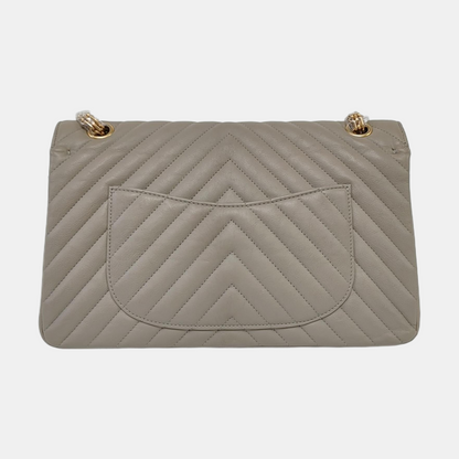 CHANEL 2.55 Grey Caviar Leather V-Shape Shoulder Bag with Gold Hardware, 27 Clasps-(SKU)-964136214