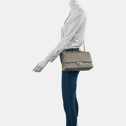 CHANEL 2.55 Grey Caviar Leather V-Shape Shoulder Bag with Gold Hardware, 27 Clasps-(SKU)-964136214