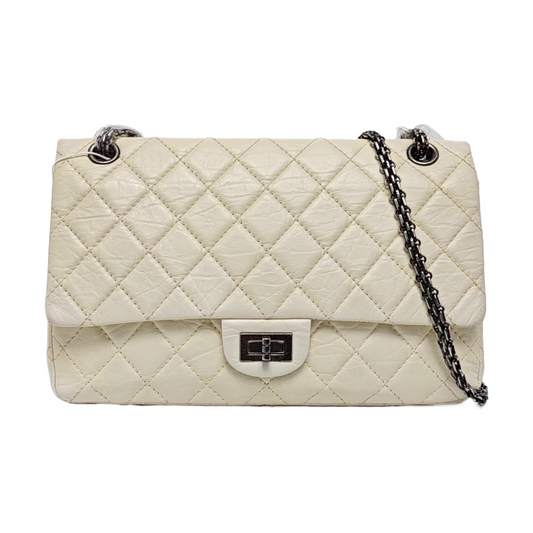 CHANEL 2.55 Large White Calfskin Quilted Single Shoulder Bag Crossbody with Palladium Hardware, 16 Clasp-(SKU)-964099776