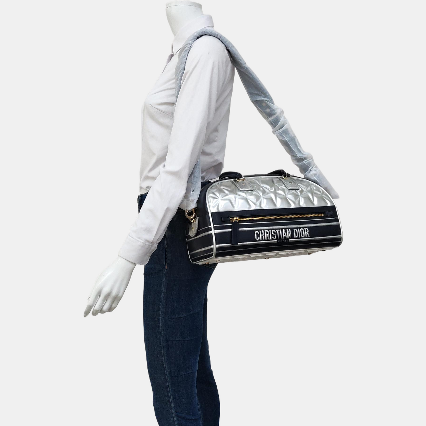 DIOR Vibe Silver Cowhide Single Shoulder Bag with Gold Hardware, Removable Strap-(SKU)-964309600