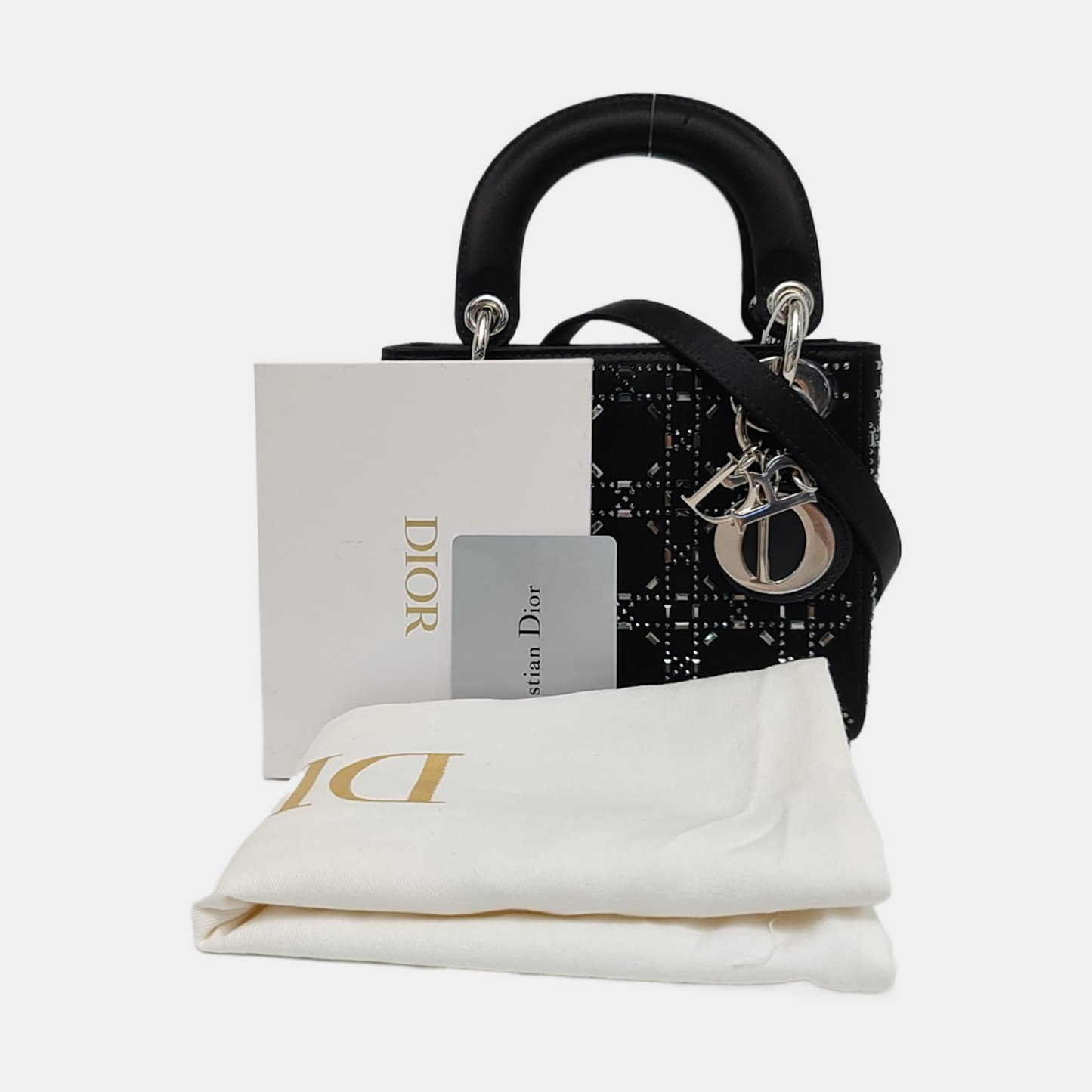 DIOR Lady Dior Mini Black Satin Cannage Quilted Three-Panel Hobo Bag Handbag Crossbody Bag Silver Hardware Removable Shoulder Strap-(SKU)-962820040