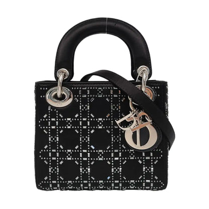 DIOR Lady Dior Mini Black Satin Cannage Quilted Three-Panel Hobo Bag Handbag Crossbody Bag Silver Hardware Removable Shoulder Strap-(SKU)-962820040