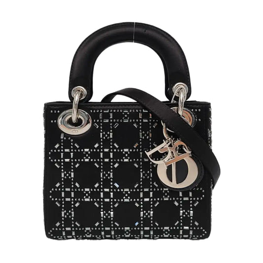 DIOR Lady Dior Mini Black Satin Cannage Quilted Three-Panel Hobo Bag Handbag Crossbody Bag Silver Hardware Removable Shoulder Strap-(SKU)-962820040