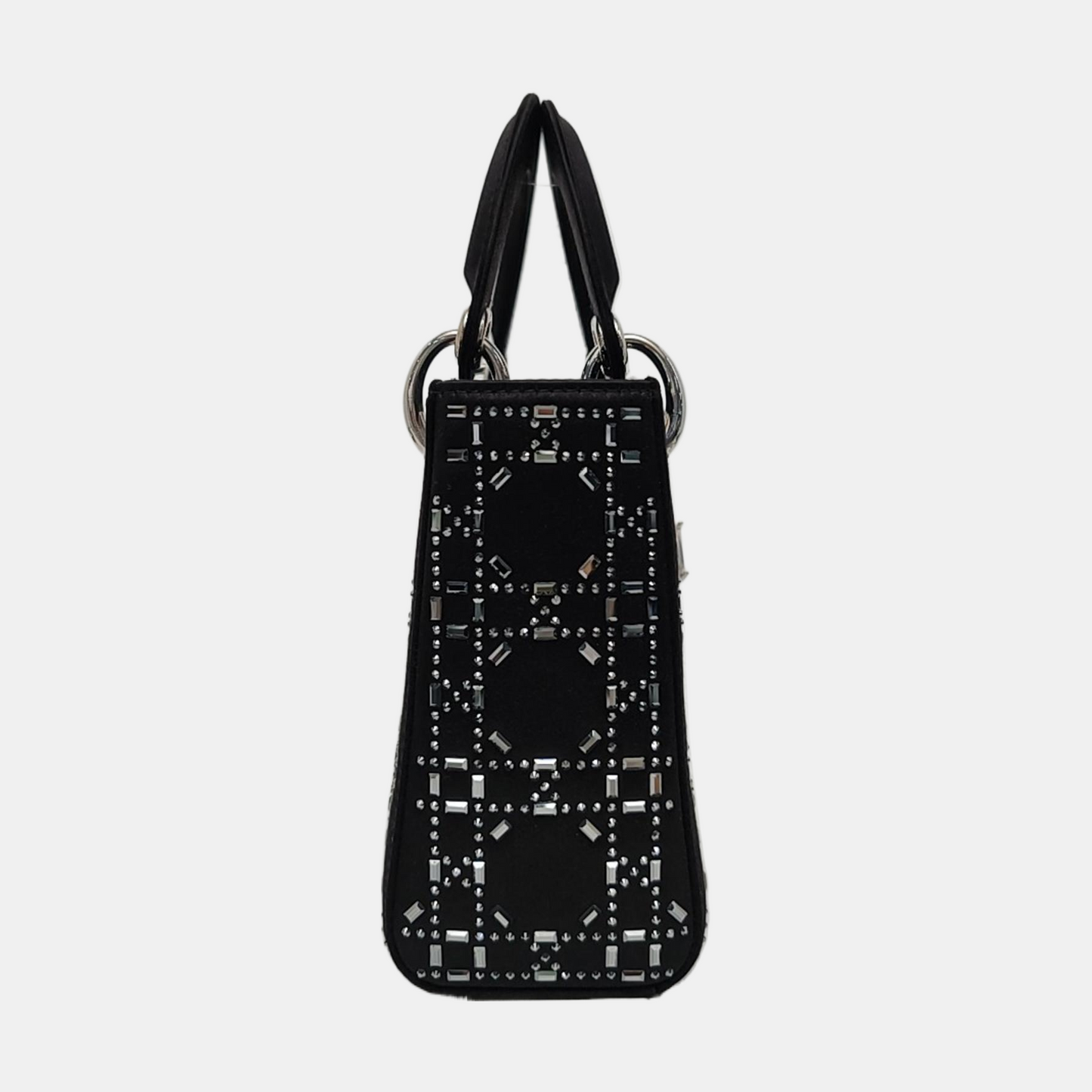 DIOR Lady Dior Mini Black Satin Cannage Quilted Three-Panel Hobo Bag Handbag Crossbody Bag Silver Hardware Removable Shoulder Strap-(SKU)-962820040