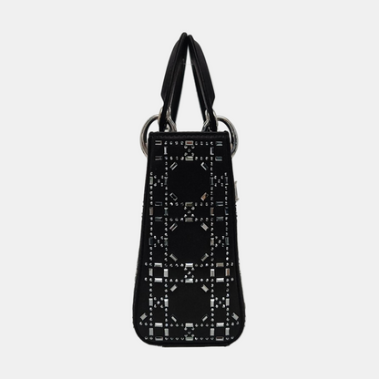 DIOR Lady Dior Mini Black Satin Cannage Quilted Three-Panel Hobo Bag Handbag Crossbody Bag Silver Hardware Removable Shoulder Strap-(SKU)-962820040