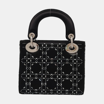 DIOR Lady Dior Mini Black Satin Cannage Quilted Three-Panel Hobo Bag Handbag Crossbody Bag Silver Hardware Removable Shoulder Strap-(SKU)-962820040