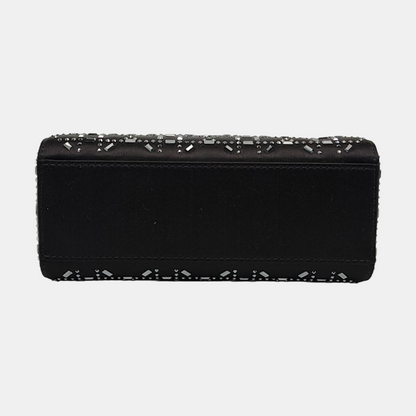 DIOR Lady Dior Mini Black Satin Cannage Quilted Three-Panel Hobo Bag Handbag Crossbody Bag Silver Hardware Removable Shoulder Strap-(SKU)-962820040