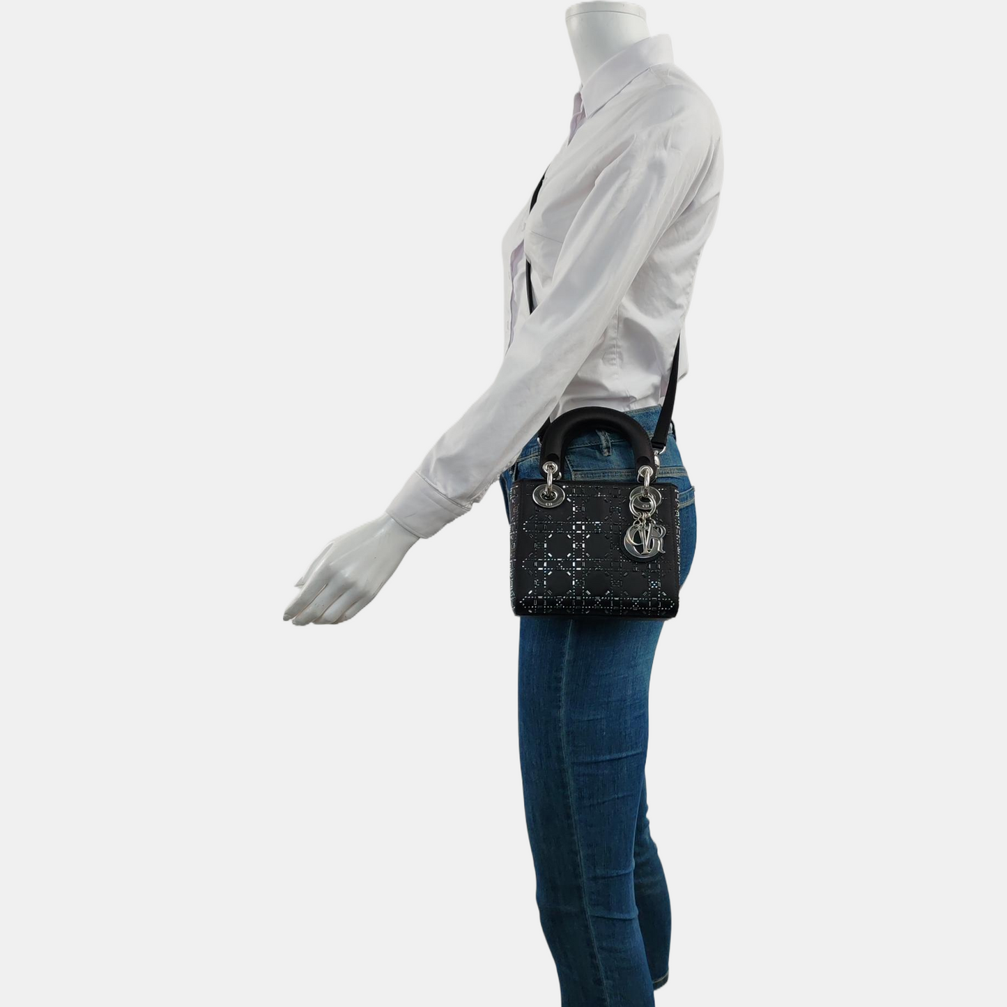 DIOR Lady Dior Mini Black Satin Cannage Quilted Three-Panel Hobo Bag Handbag Crossbody Bag Silver Hardware Removable Shoulder Strap-(SKU)-962820040