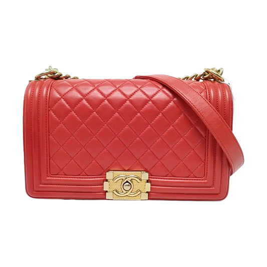 CHANEL BOY CHANEL Medium Size Red Lamb Calfskin Quilted Chevron Single Shoulder Bag Crossbody Bag Gold Hardware 23 Clasp Removable Shoulder Strap-(SKU)-964494003