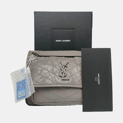 YSL NIKI Medium Grey Leather Quilted V-Grain Single Shoulder Bag Palladium Hardware-(SKU)-964831579