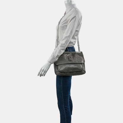 YSL NIKI Medium Grey Leather Quilted V-Grain Single Shoulder Bag Palladium Hardware-(SKU)-964831579