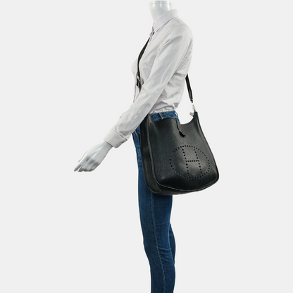 HERMÈS Evelyne GM Black Clemence Leather Shoulder Bag with Silver Hardware-(SKU)-964794155