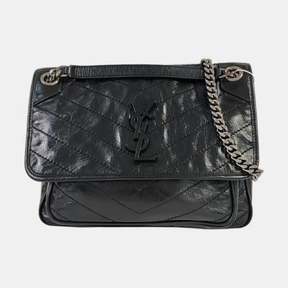 YSL NIKI Medium Black Leather Quilted V-Shape Shoulder Bag Black Ruthenium Hardware-(SKU)-964795296
