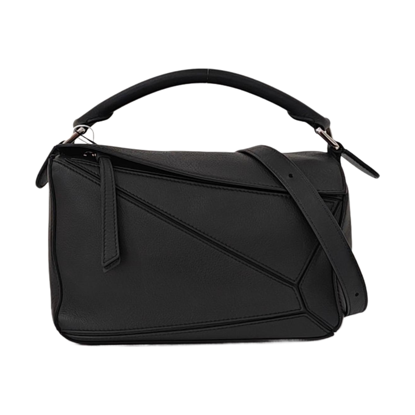 LOEWE Puzzle Small Black Leather Geometric Crossbody Shoulder Tote Bag Silver Hardware Removable Strap-(SKU)-964289240