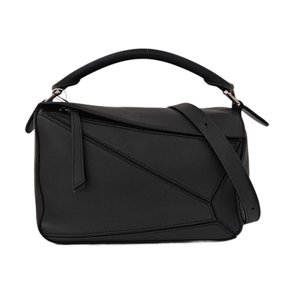 LOEWE Puzzle Small Black Leather Geometric Crossbody Shoulder Tote Bag Silver Hardware Removable Strap-(SKU)-964289240