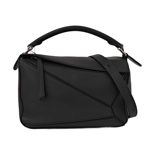 LOEWE Puzzle Small Black Leather Geometric Crossbody Shoulder Tote Bag Silver Hardware Removable Strap-(SKU)-964289240