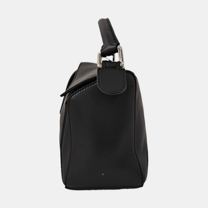 LOEWE Puzzle Small Black Leather Geometric Crossbody Shoulder Tote Bag Silver Hardware Removable Strap-(SKU)-964289240