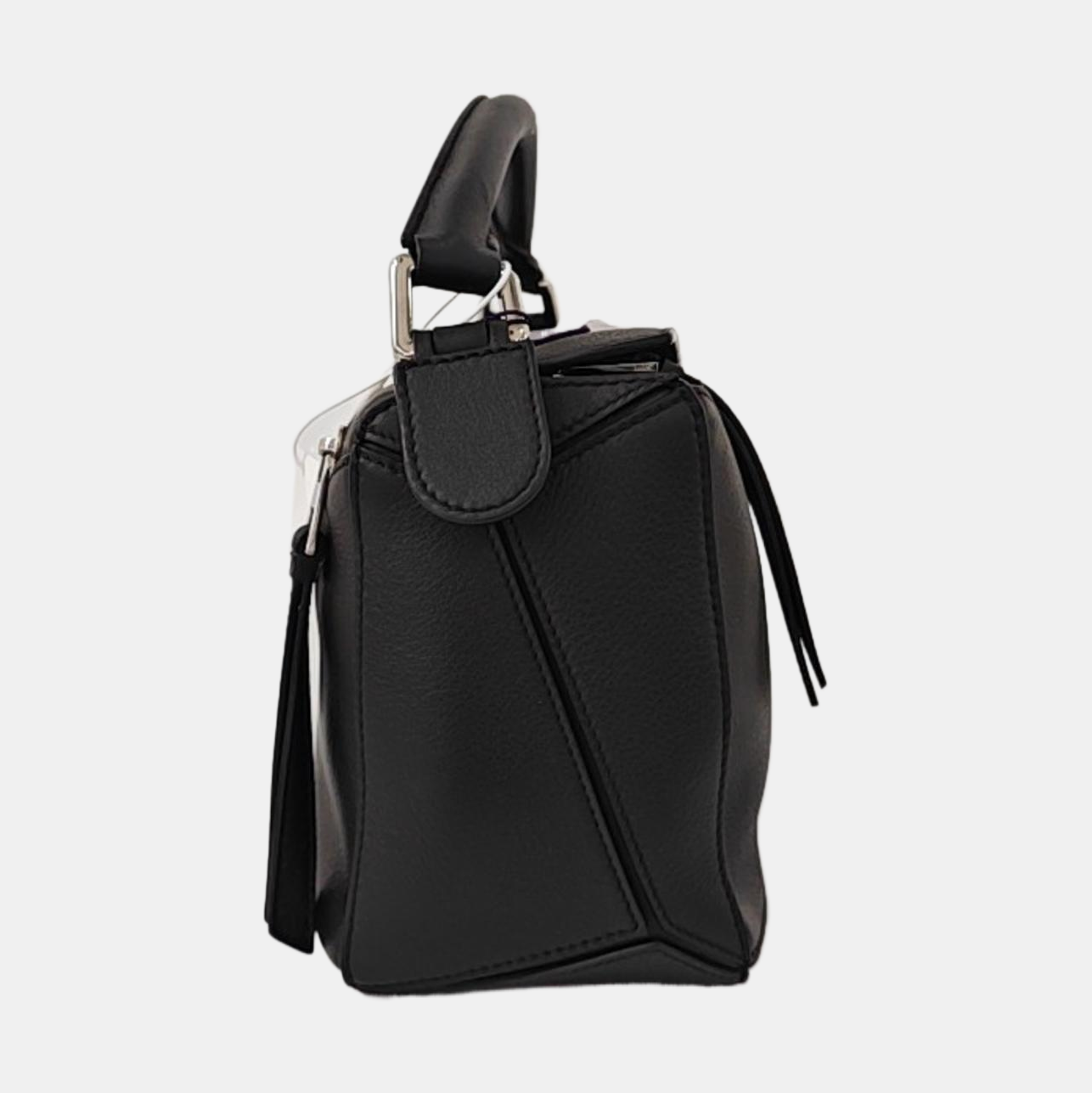 LOEWE Puzzle Small Black Leather Geometric Crossbody Shoulder Tote Bag Silver Hardware Removable Strap-(SKU)-964289240