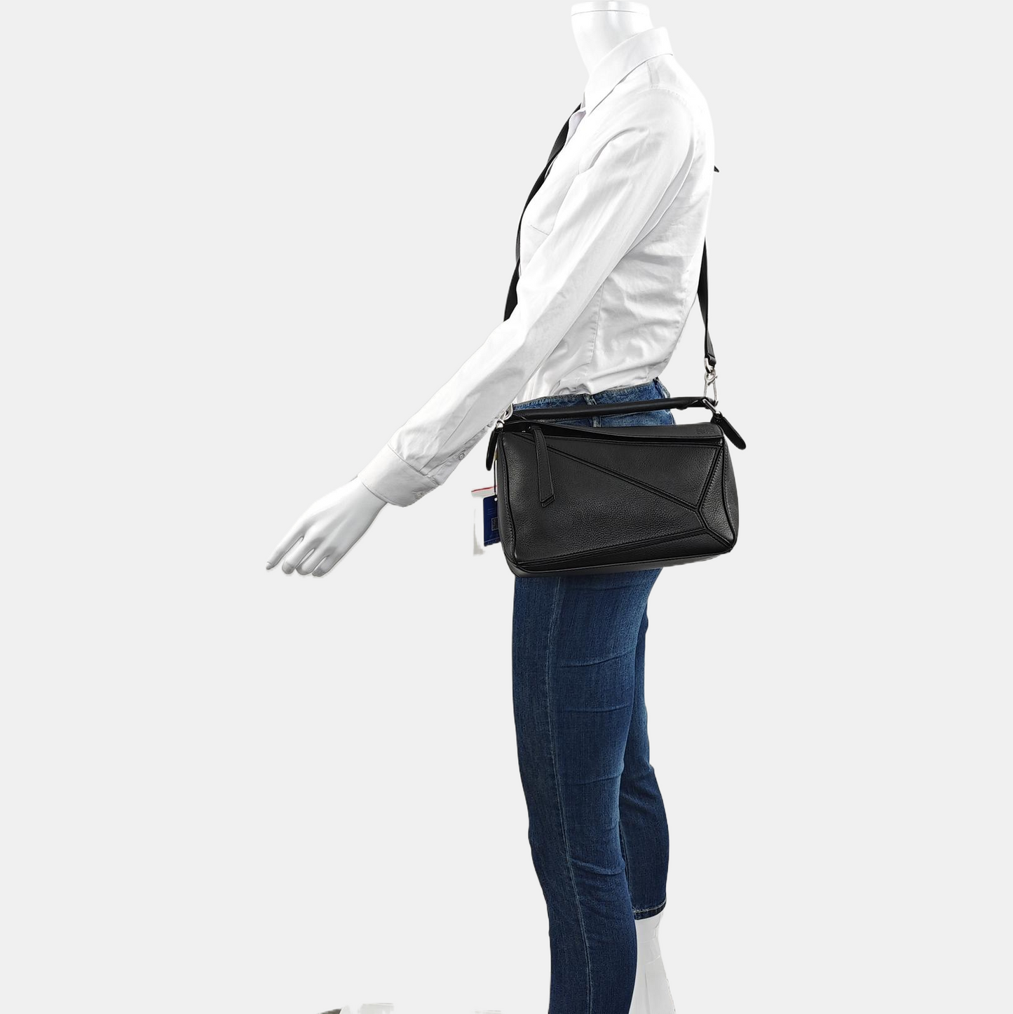 LOEWE Puzzle Small Black Leather Geometric Crossbody Shoulder Tote Bag Silver Hardware Removable Strap-(SKU)-964289240