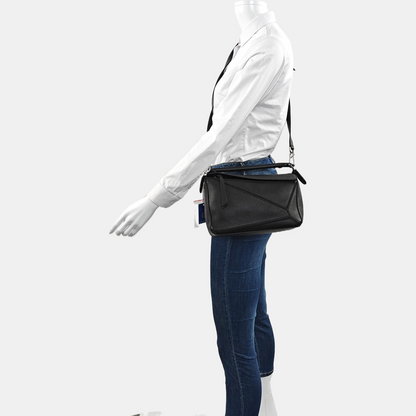 LOEWE Puzzle Small Black Leather Geometric Crossbody Shoulder Tote Bag Silver Hardware Removable Strap-(SKU)-964289240