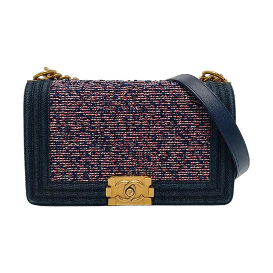 CHANEL BOY CHANEL Medium Blue Tweed Crossbody Shoulder Bag Gold Hardware 22K Clasp Removable Strap-(SKU)-964723213