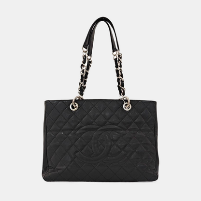 CHANEL CHANEL GST Large Size Black Calfskin Quilted Cannage Shoulder Bag Tote Bag Silver Hardware 15K Clasp-(SKU)-965088697