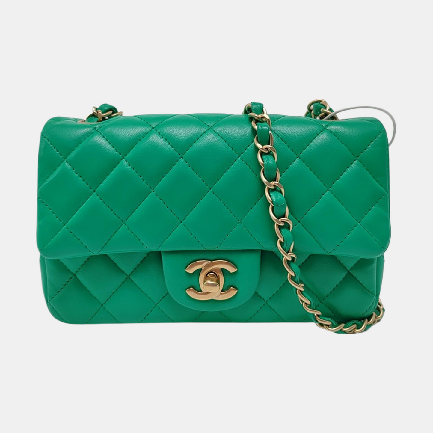 CHANEL CLASSIC FLAP Green Lamb Skin Quilted Monogram Large Mini Crossbody Bag Shoulder Bag 18 Clasp Golden Hardware-(SKU)-964964011