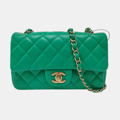 CHANEL CLASSIC FLAP Green Lamb Skin Quilted Monogram Large Mini Crossbody Bag Shoulder Bag 18 Clasp Golden Hardware-(SKU)-964964011