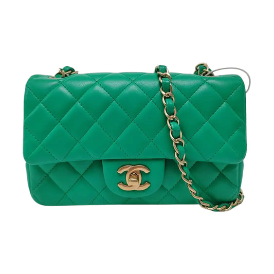 CHANEL CLASSIC FLAP Green Lamb Skin Quilted Monogram Large Mini Crossbody Bag Shoulder Bag 18 Clasp Golden Hardware-(SKU)-964964011