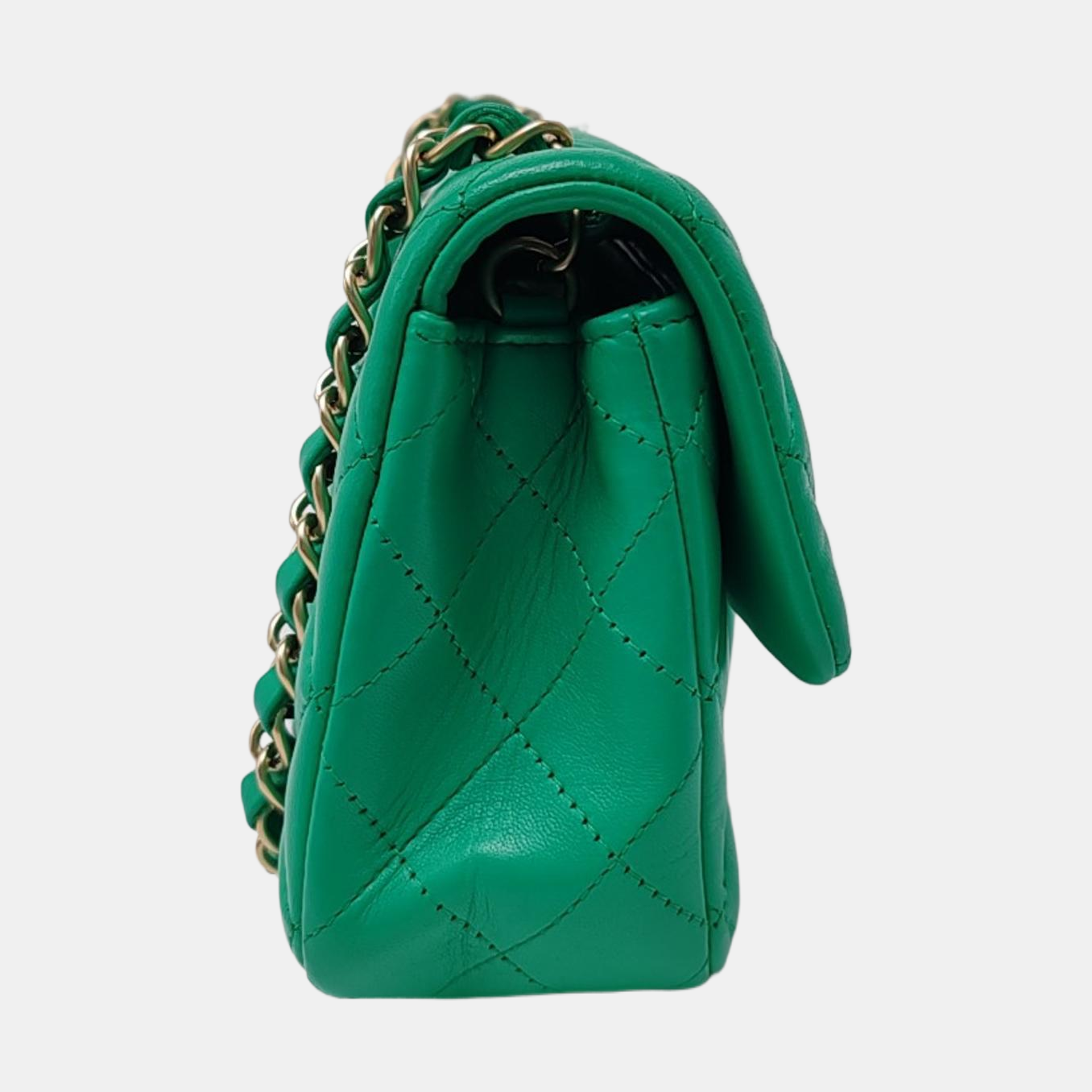 CHANEL CLASSIC FLAP Green Lamb Skin Quilted Monogram Large Mini Crossbody Bag Shoulder Bag 18 Clasp Golden Hardware-(SKU)-964964011