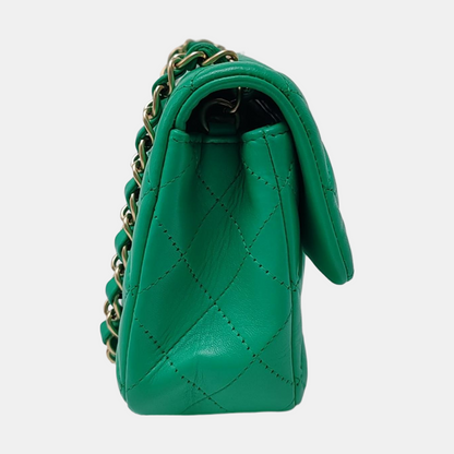 CHANEL CLASSIC FLAP Green Lamb Skin Quilted Monogram Large Mini Crossbody Bag Shoulder Bag 18 Clasp Golden Hardware-(SKU)-964964011