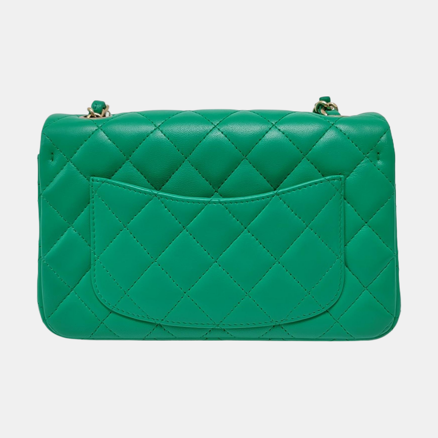 CHANEL CLASSIC FLAP Green Lamb Skin Quilted Monogram Large Mini Crossbody Bag Shoulder Bag 18 Clasp Golden Hardware-(SKU)-964964011