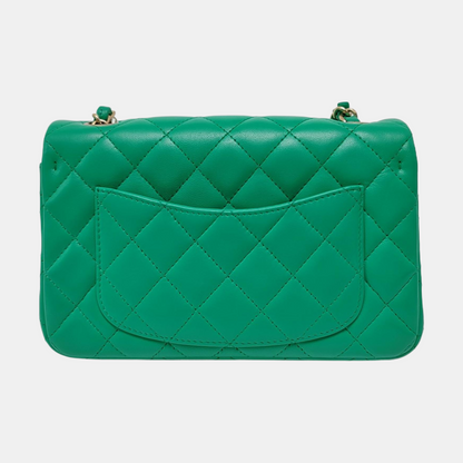 CHANEL CLASSIC FLAP Green Lamb Skin Quilted Monogram Large Mini Crossbody Bag Shoulder Bag 18 Clasp Golden Hardware-(SKU)-964964011