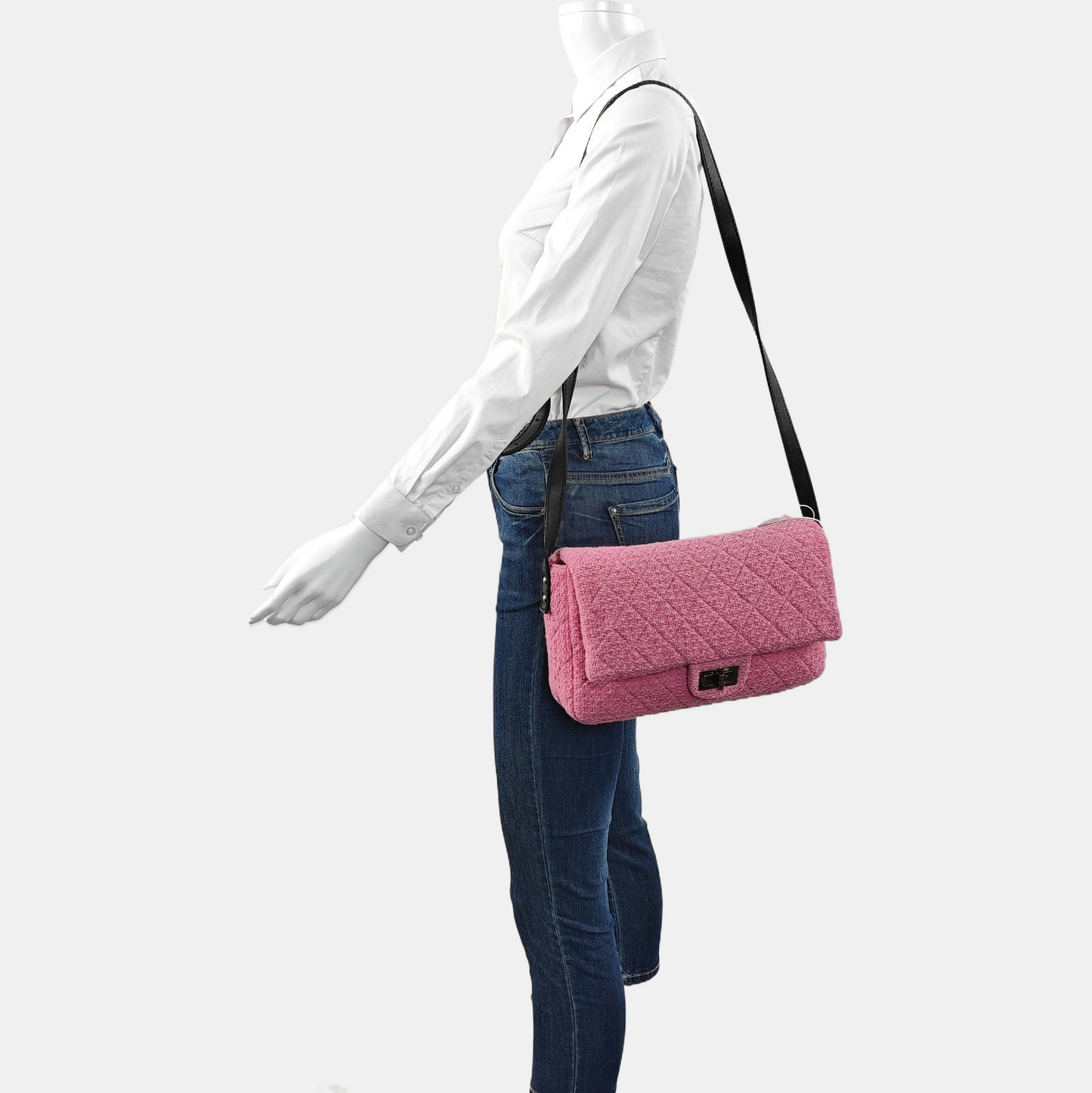 CHANEL 2.55 Maxi Super Large Pink Wool Quilted Matelassé Shoulder Bag Crossbody Bag Rutenium Hardware 13 Clasp-(SKU)-965133439
