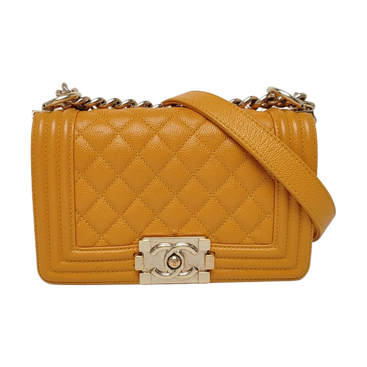 CHANEL BOY CHANEL Yellow Quilted Calfskin Leather Chain Strap Shoulder Bag, Crossbody Bag with Golden Hardware, Size 30 and Removable Strap-(SKU)-964712939