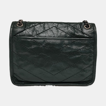 YSL NIKI Small Dark Green Leather Quilted V Pattern Shoulder Bag and Crossbody with Detachable Strap, Black Rhodium-Plated Hardware-(SKU)-965294545