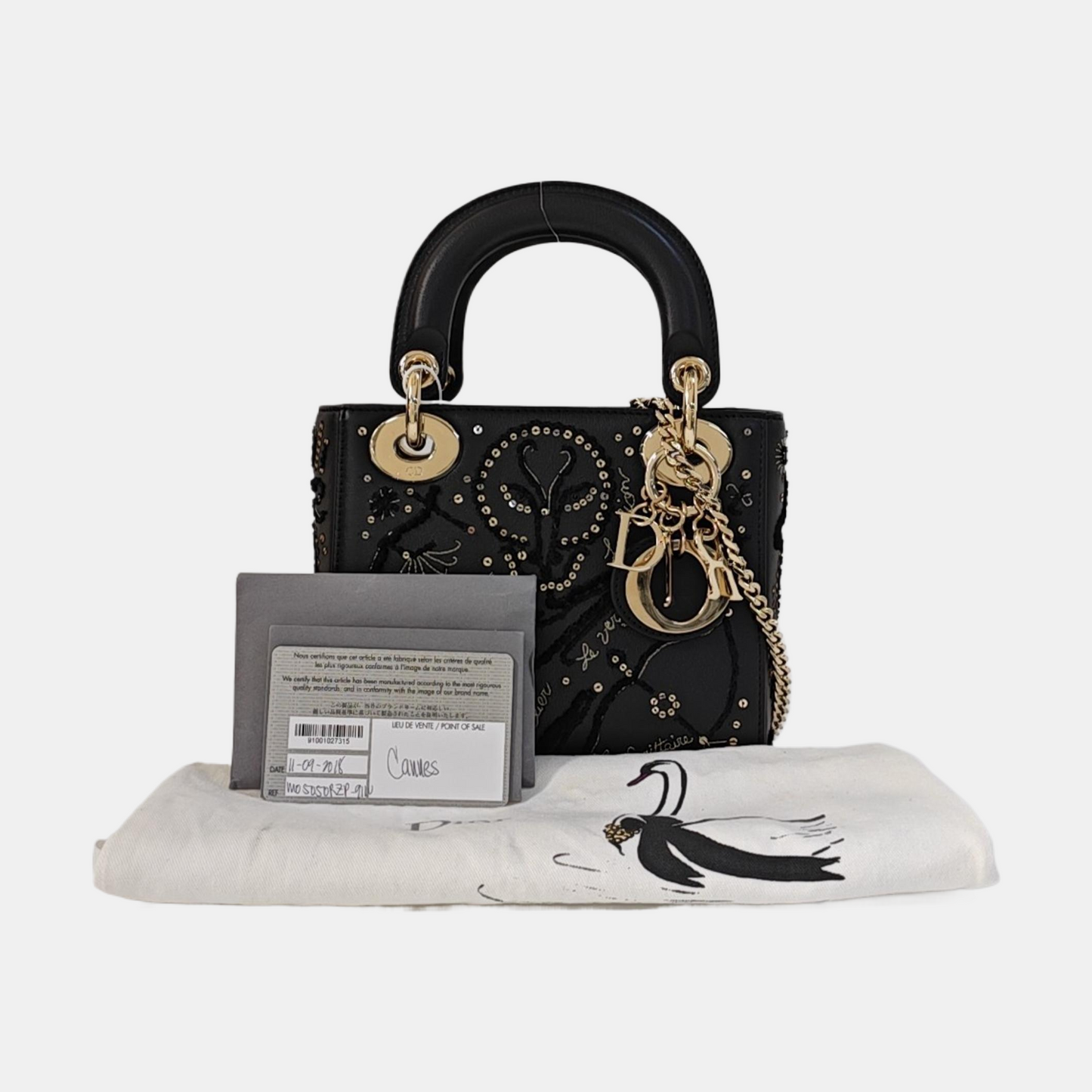 DIOR Lady Dior Mini Black Calfskin Embroidered Weaved Dior Bag Crossbody Shoulder Bag with Gold Hardware, Detachable Strap-(SKU)-965267708