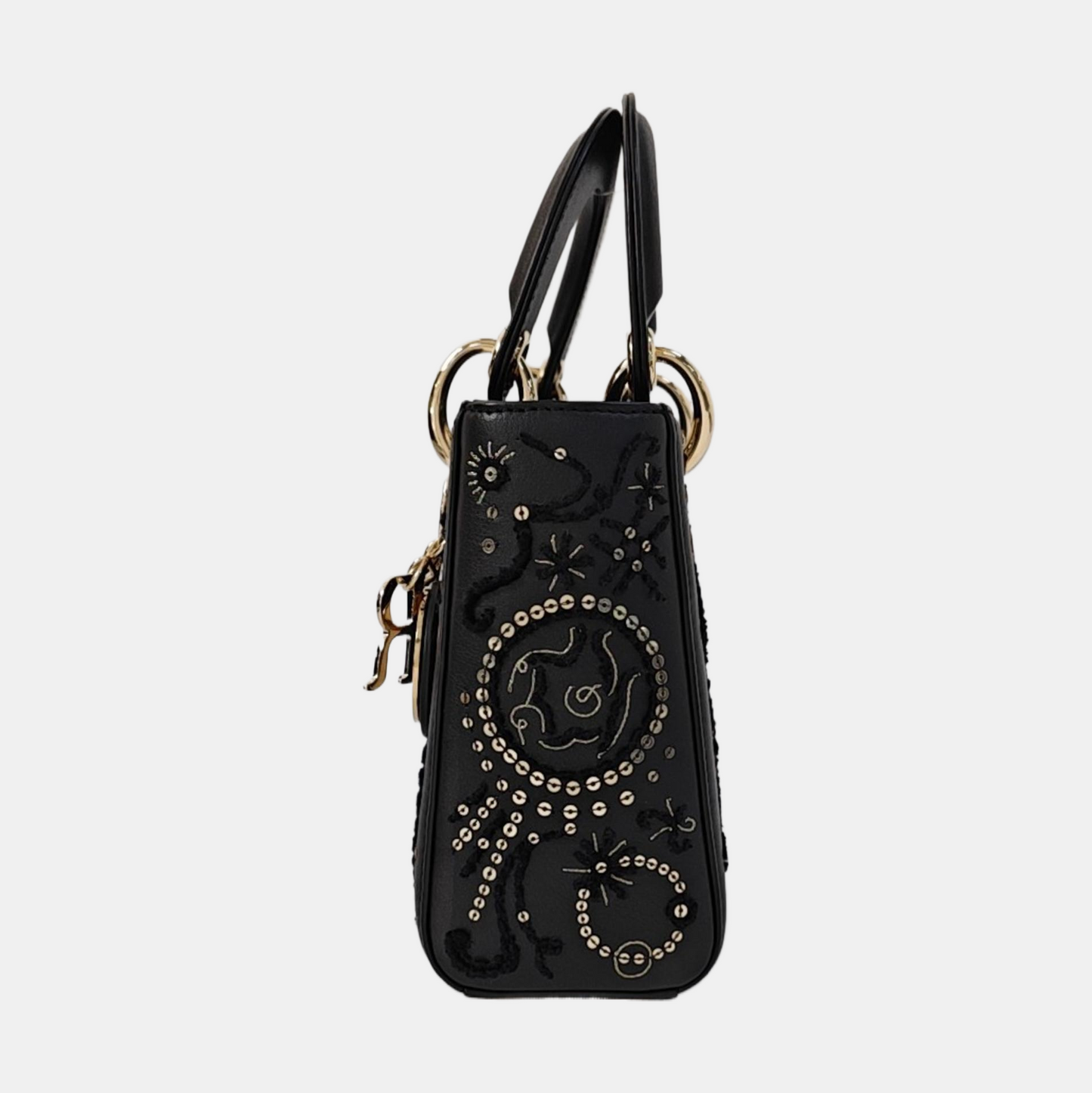 DIOR Lady Dior Mini Black Calfskin Embroidered Weaved Dior Bag Crossbody Shoulder Bag with Gold Hardware, Detachable Strap-(SKU)-965267708